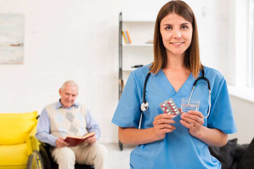 A lady doctor holding a medicine.